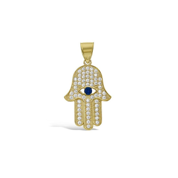 Hamsa Fatima Hand Pendant 10k Yellow Gold CZ Charm 1 inch - Picture 1 of 3